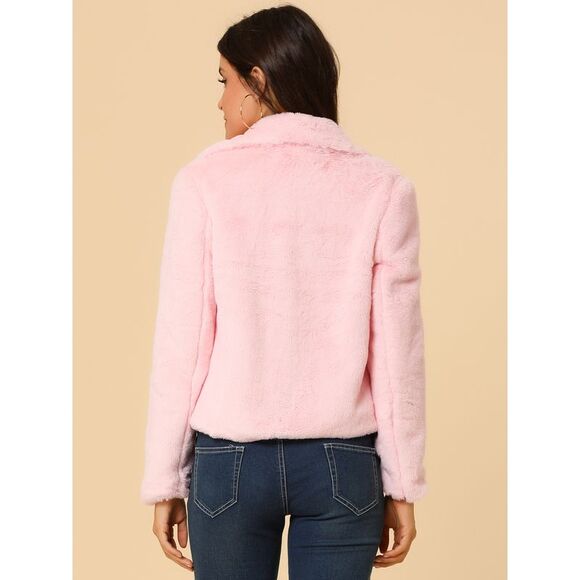 Cropped Jacket Notch Lapel Faux Fur Fluffy Coat Pink - Picture 5 of 6